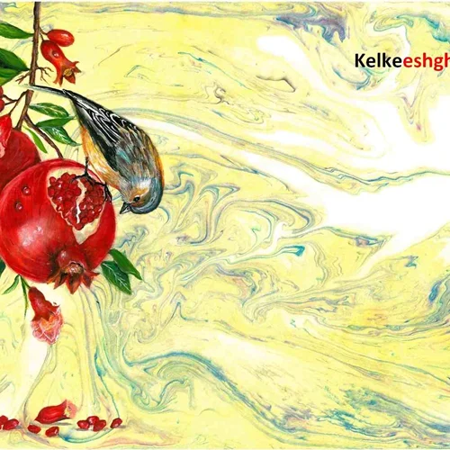 نقاشی گل و مرغ و انار بر روی کاغذ ابروباد نگاره - کد 1009