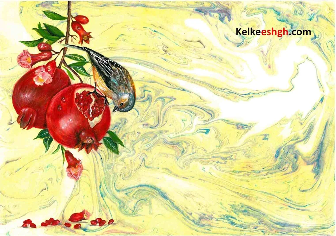 نقاشی گل و مرغ و انار بر روی کاغذ ابروباد نگاره - کد 1009